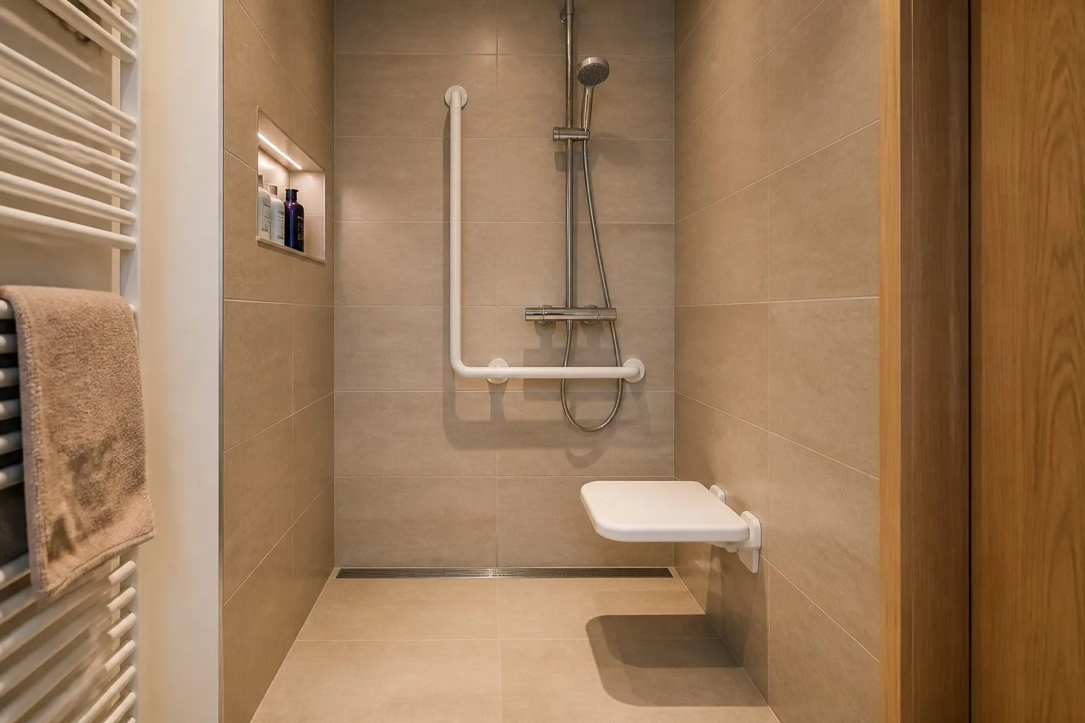 Private bodengleiche Dusche mit Sitz und Haltegriff