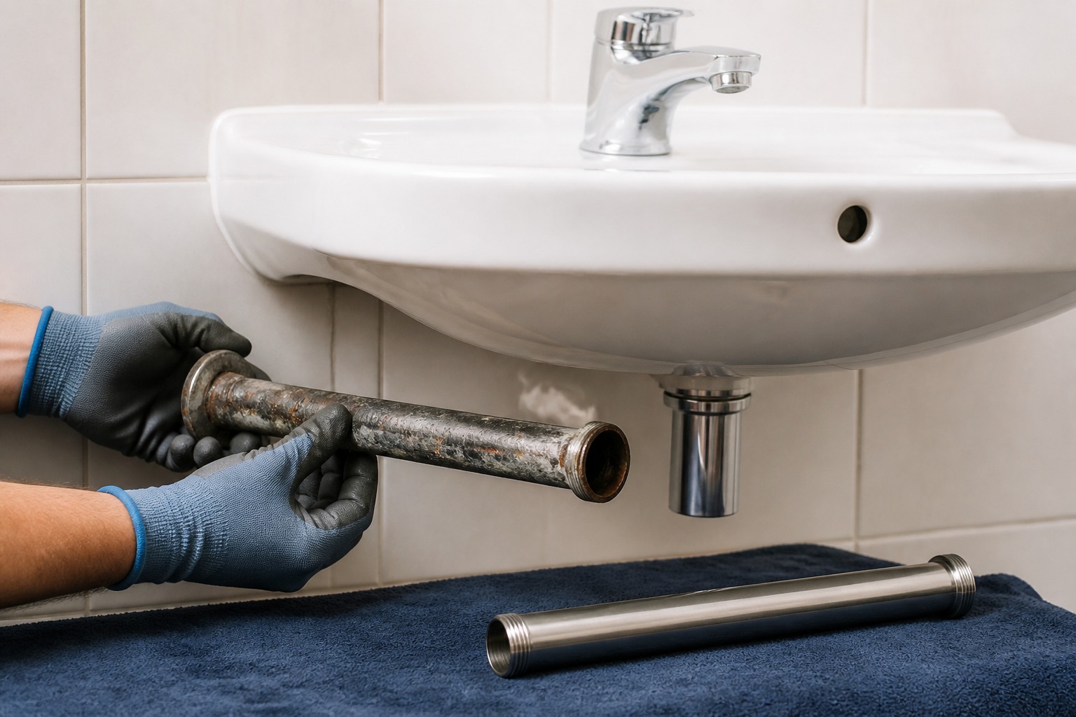Austausch einer alten korrodierten Sanitärleitung gegen eine neue Leitung