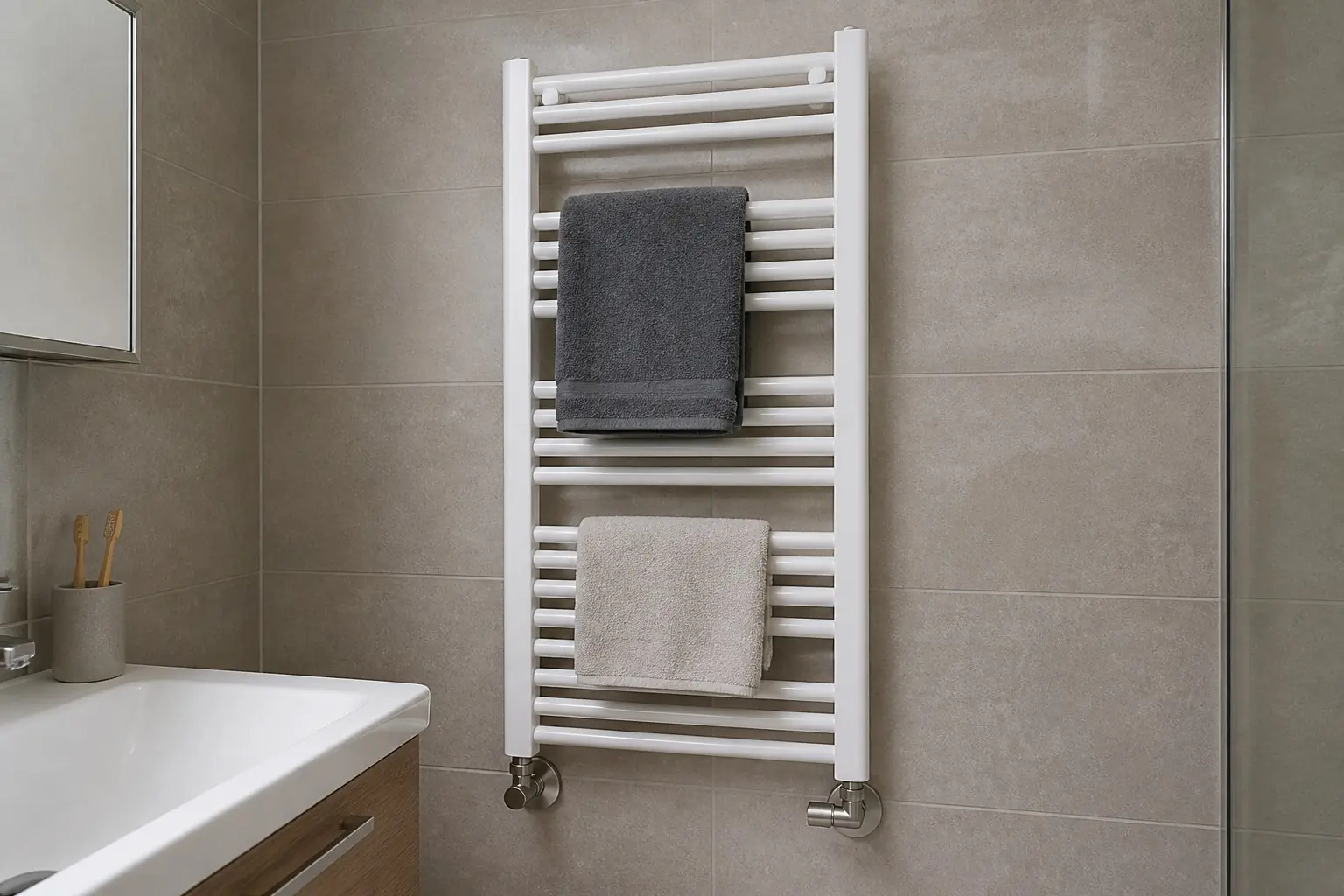 Fertig angeschlossener Handtuchheizkörper im Badezimmer