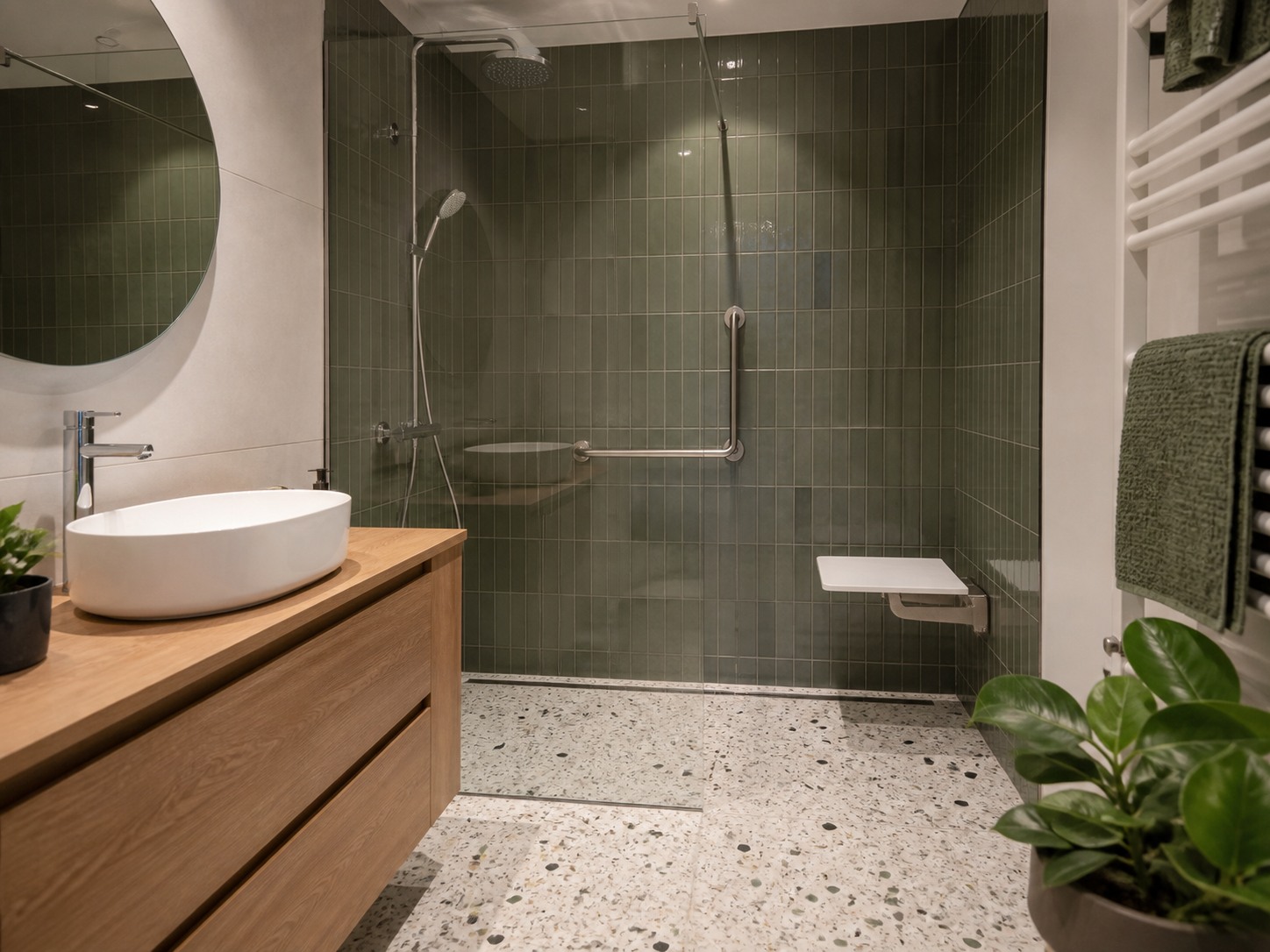 Fertiges Projekt mit bodengleicher Walk-in-Dusche, Sitz und Haltegriff