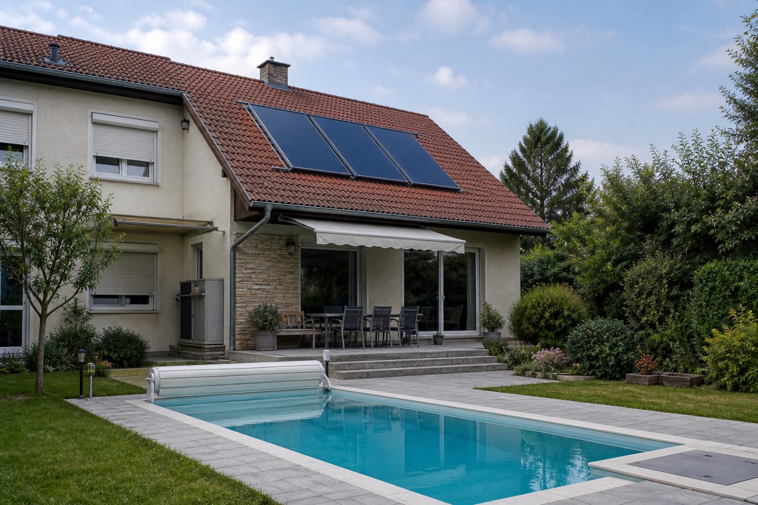 Privates Schwimmbad mit thermischen Solarkollektoren auf einem österreichischen Wohnhaus